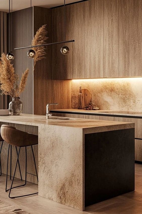 Bruine-keuken-met-werkblad-doorlopend-in-achterwand