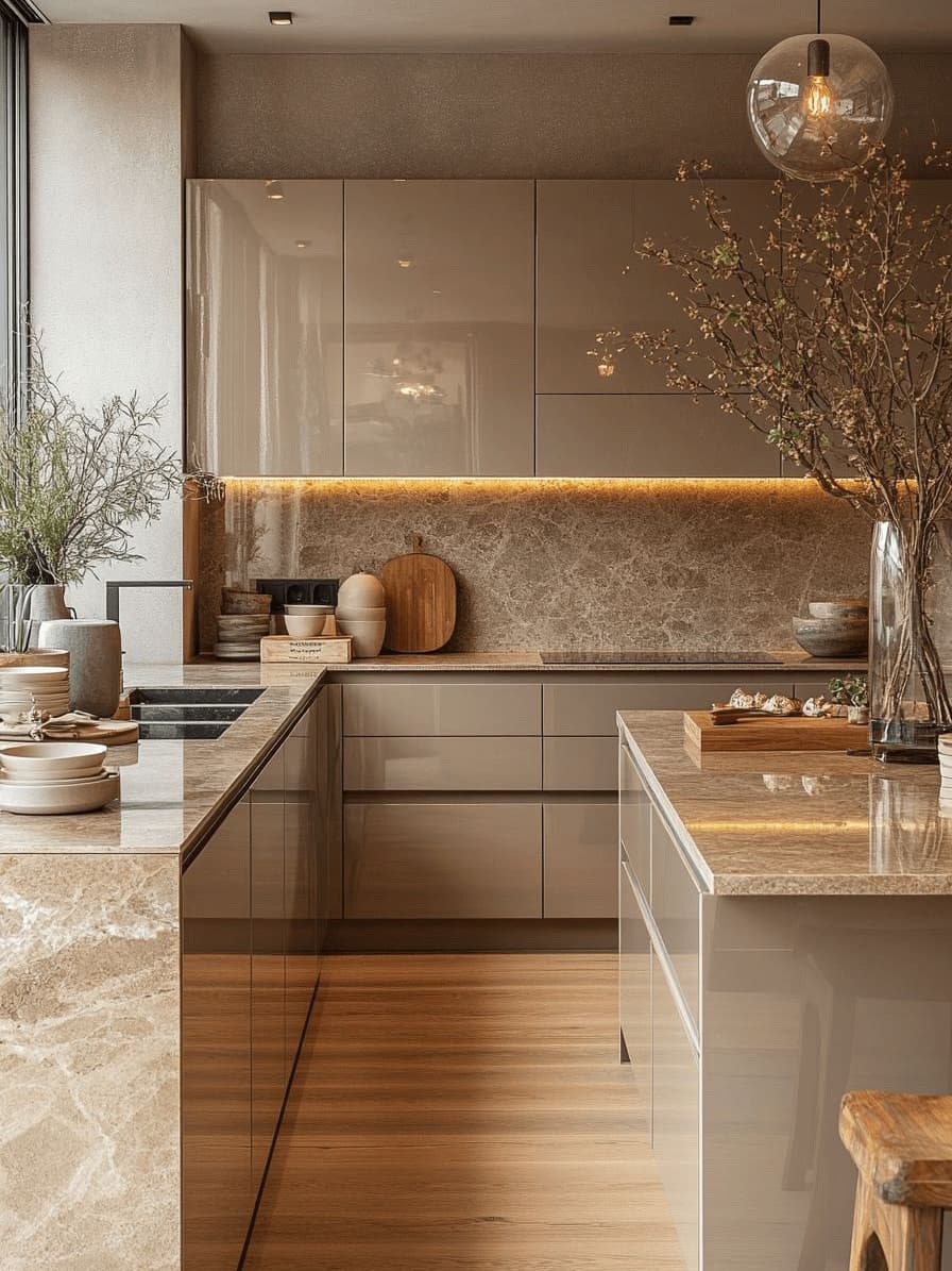 Hoogglans 1.jpg Bruine hoogglans keuken met beige marmer werkblad en een kookeiland